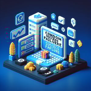 3D voxel art depicting online surveys on condom success and failure with a dark blue background.