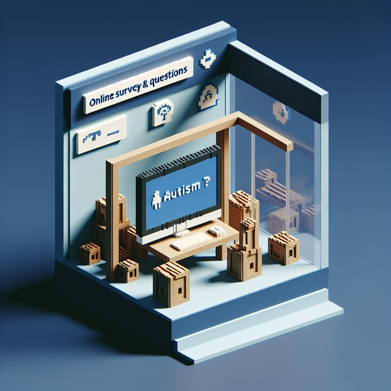 3D voxel art depicting online surveys, with a focus on autism for parents, on a dark blue background.