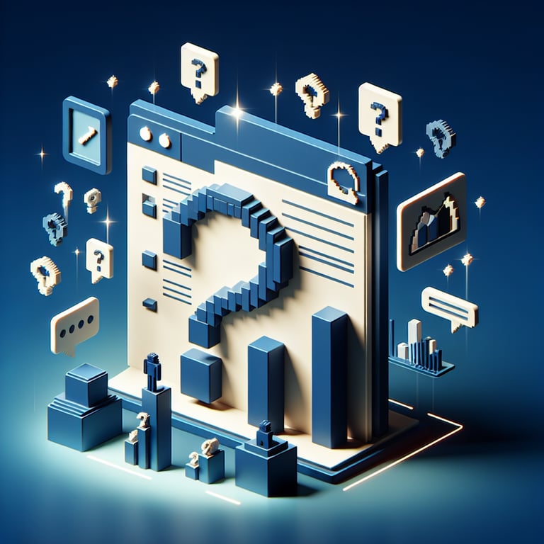 3D voxel art depicting online surveys, ideal for a project debrief survey landing page, on a dark blue background.
