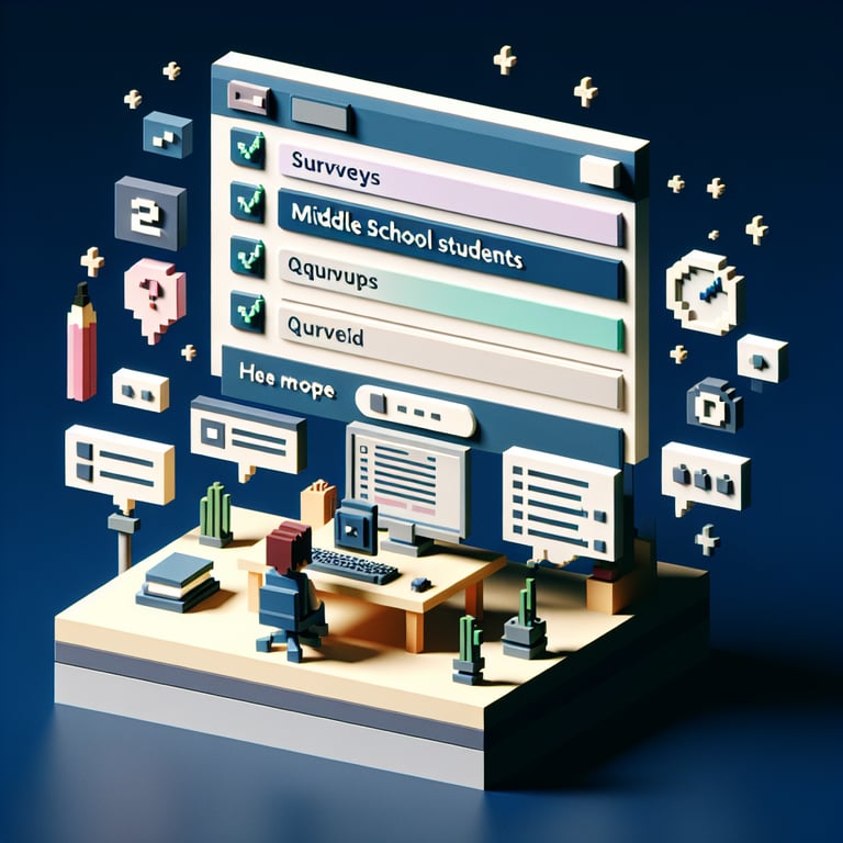 3D voxel art depicting online surveys, ideal for middle school social media survey concept on a dark blue background.