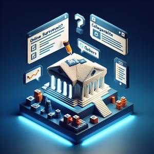 3D voxel art depicting online surveys on dark blue background, symbolizing college affordability inquiries.