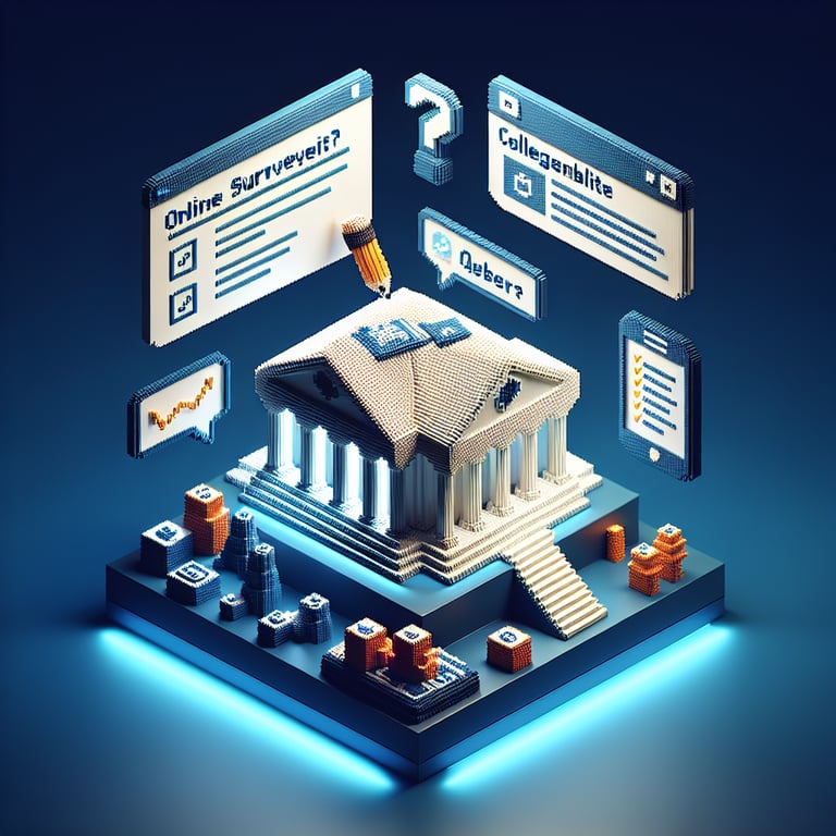 3D voxel art illustrating an online cost analysis survey for college affordability