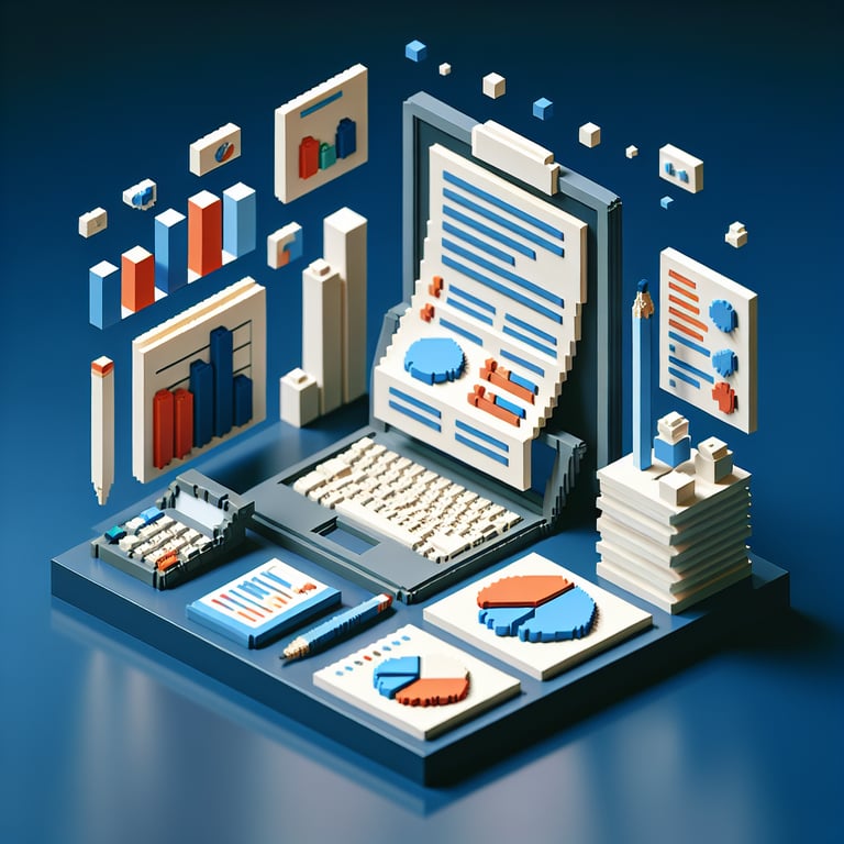 3D voxel art depicting online demographic questionnaire survey on a dark blue background.