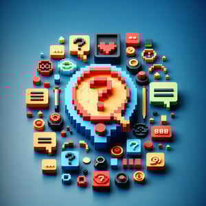 3D voxel art depicting online open-ended customer service surveys with a dark blue background.