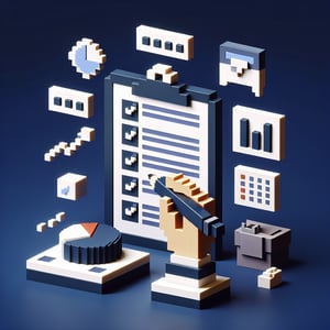 3D voxel art depicting the concept of online ease of use surveys on a dark blue background.