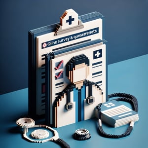 3D voxel art depicting online medical office surveys on a dark blue background.