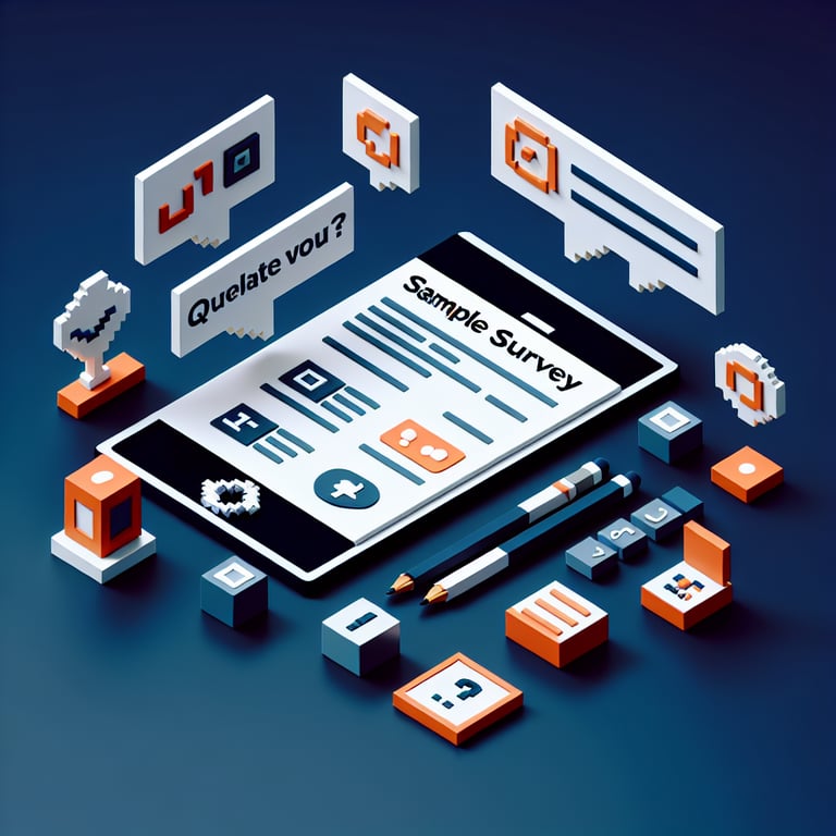 3D voxel art depicting online surveys with dark blue background, suitable for IT survey page.