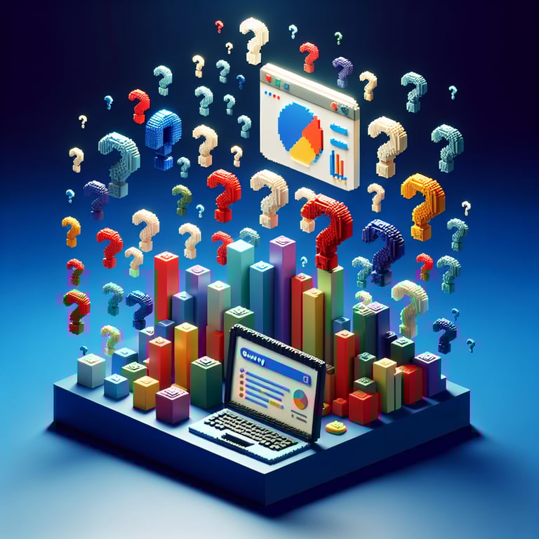 3D voxel art depicting online market research surveys against a dark blue background.