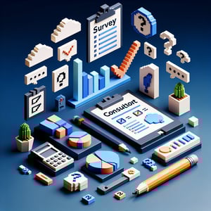 3D voxel art depicting online consultant surveys against a dark blue background.