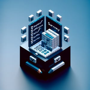 3D voxel art depicting online self-efficacy surveys with 15 questions on a dark blue background.