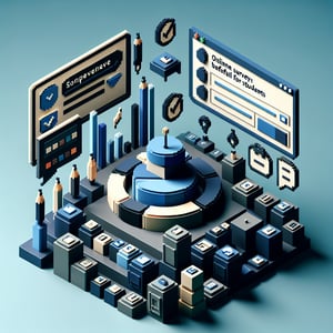 3D voxel art depicting online surveys, symbolizing good survey questions for students.