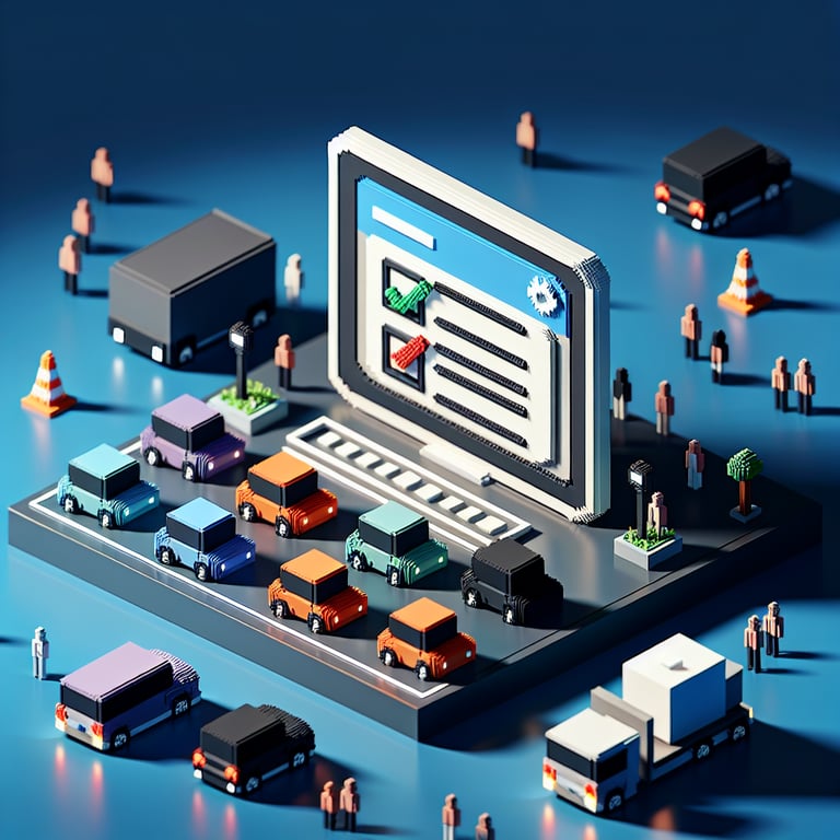 3D voxel art depicting online car sharing survey process on a dark blue background.