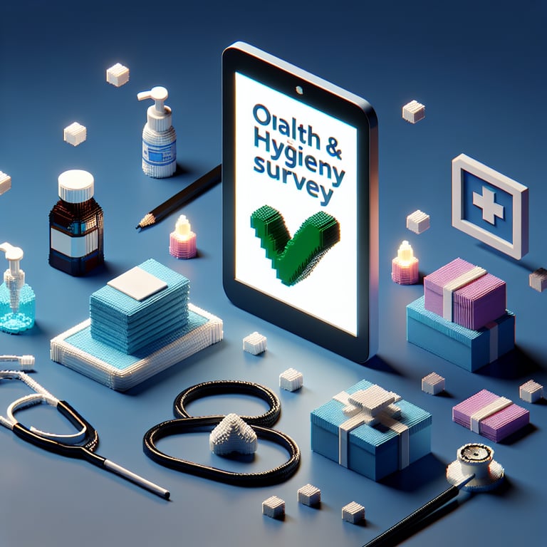 3D voxel art depicting online health and hygiene surveys on a dark blue background.
