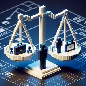 3D voxel art depicting online work-life balance surveys on a dark blue background.