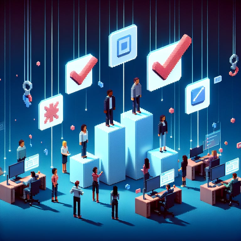 3D voxel art depicting online employment engagement survey with dark blue background.