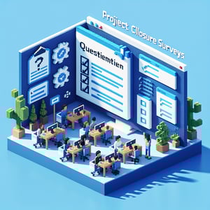 3D voxel art depicting online project closure surveys on a dark blue background.