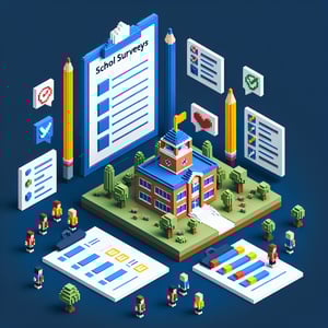 3D voxel art depicting online end of the year school survey concept on a dark blue background.