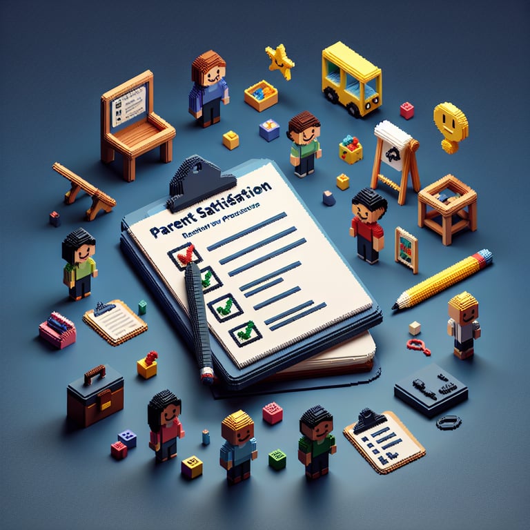 3D voxel art depicting online survey concept, focused on parent satisfaction for preschool.