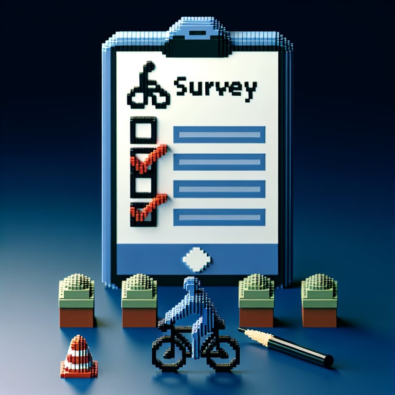 3D voxel art depicting online surveys, tailored for cyclists, against a dark blue background.
