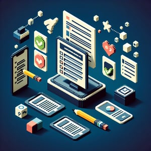 3D voxel art depicting the concept of online education surveys on a dark blue background.