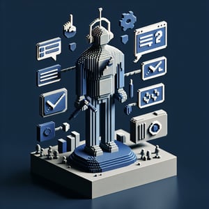 3D voxel art depicting online surveys, symbolizing remote work survey questions on a dark blue background.