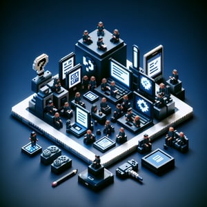 3D voxel art depicting online gadget surveys with a dark blue background.
