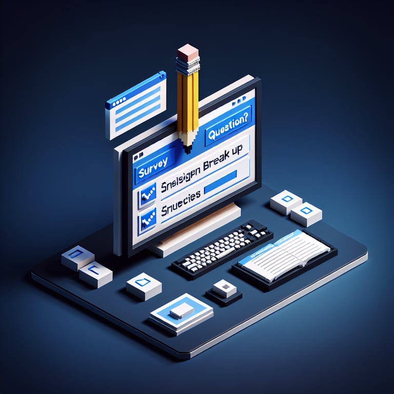 3D voxel art depicting the process of online survey design breakup question surveys on a dark blue background.