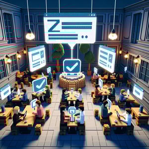 3D voxel art depicting online French survey concept on a dark blue background.