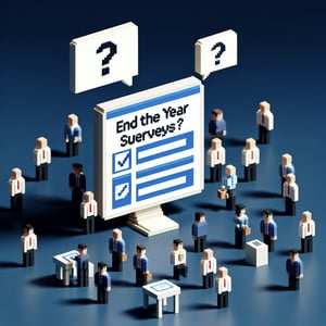 3D voxel art depicting online end-of-year employee surveys on a dark blue background.