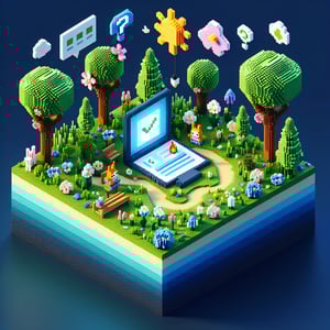 3D voxel art depicting online spring surveys with vibrant colors on a dark blue background.