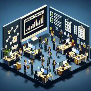 3D voxel art depicting online surveys on a dark blue background, symbolizing employee retention surveys.
