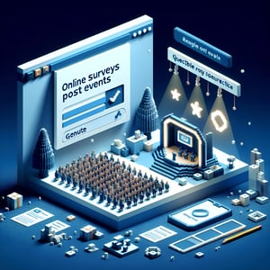 3D voxel art depicting the concept of engaging online post-event surveys on a dark blue background.