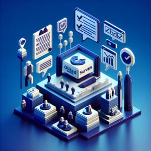 3D voxel art depicting online client surveys, featuring a dark blue background.