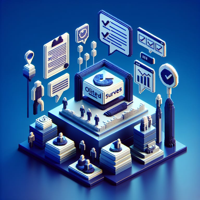 3D voxel art depicting online client surveys, featuring a dark blue background.