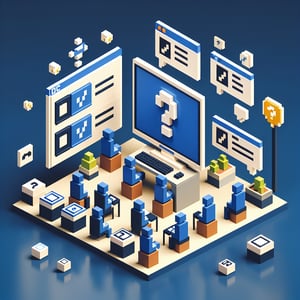 3D voxel art depicting online pre town hall surveys on a dark blue background.