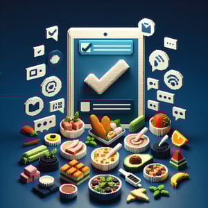 3D voxel art depicting online food taste survey with dark blue background.