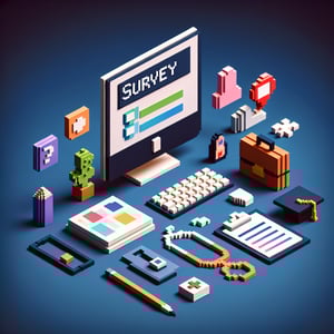 3D voxel art depicting an online survey concept, emphasizing career goals, on a dark blue background.