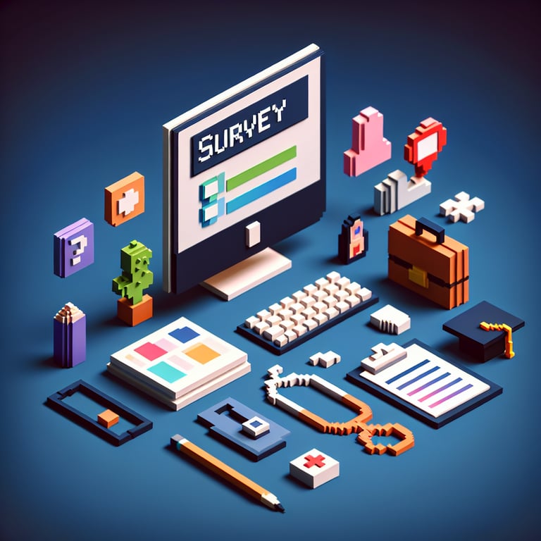 3D voxel art depicting an online survey concept, emphasizing career goals, on a dark blue background.