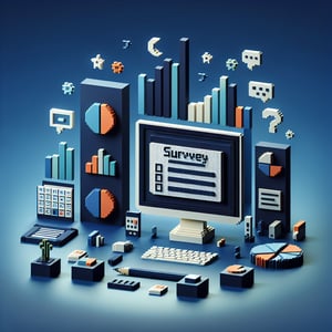 3D voxel art illustrating the concept of online preassignment surveys on a dark blue background.