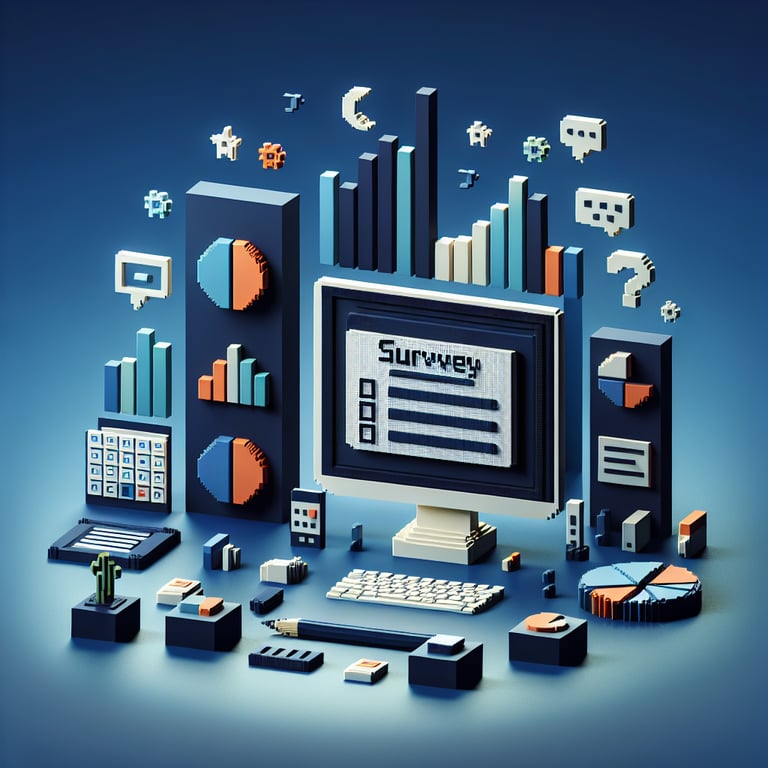 3D voxel art illustrating the concept of online preassignment surveys on a dark blue background.