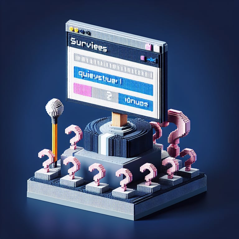 3D voxel art depicting online female sex surveys on a dark blue background.