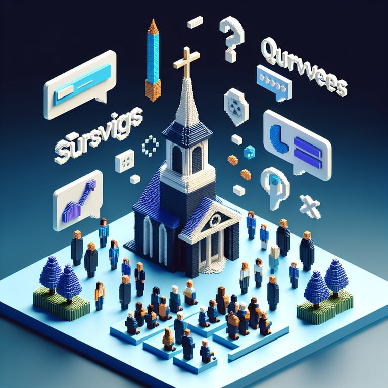 3D voxel art depicting online surveys, tailored for a church small groups survey, on a dark blue background.