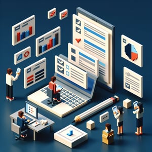 3D voxel art depicting online surveys for college students on a dark blue background.