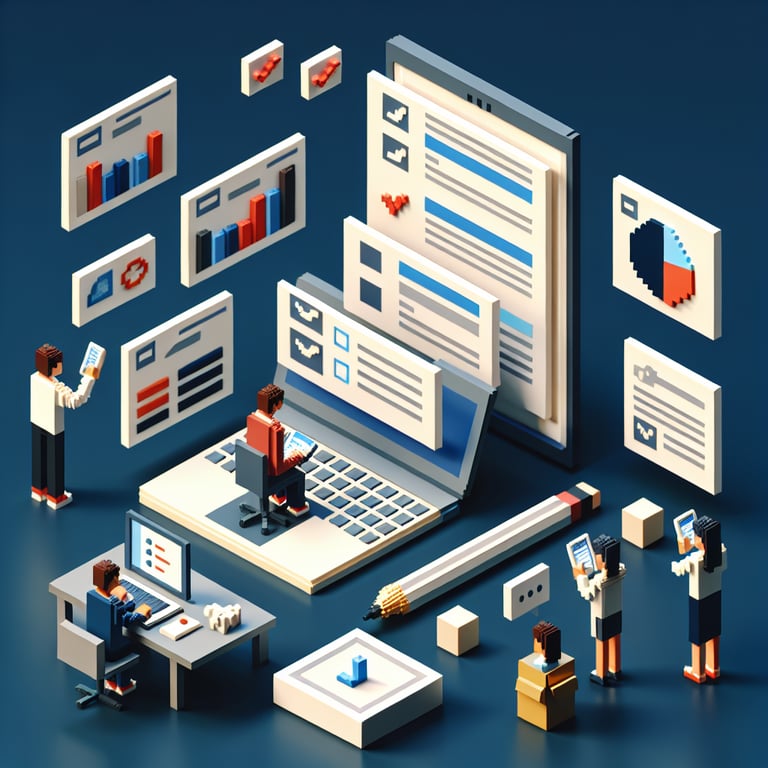 3D voxel art depicting online surveys for college students on a dark blue background.