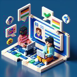 3D voxel art representing online bilingual surveys on a dark blue background.
