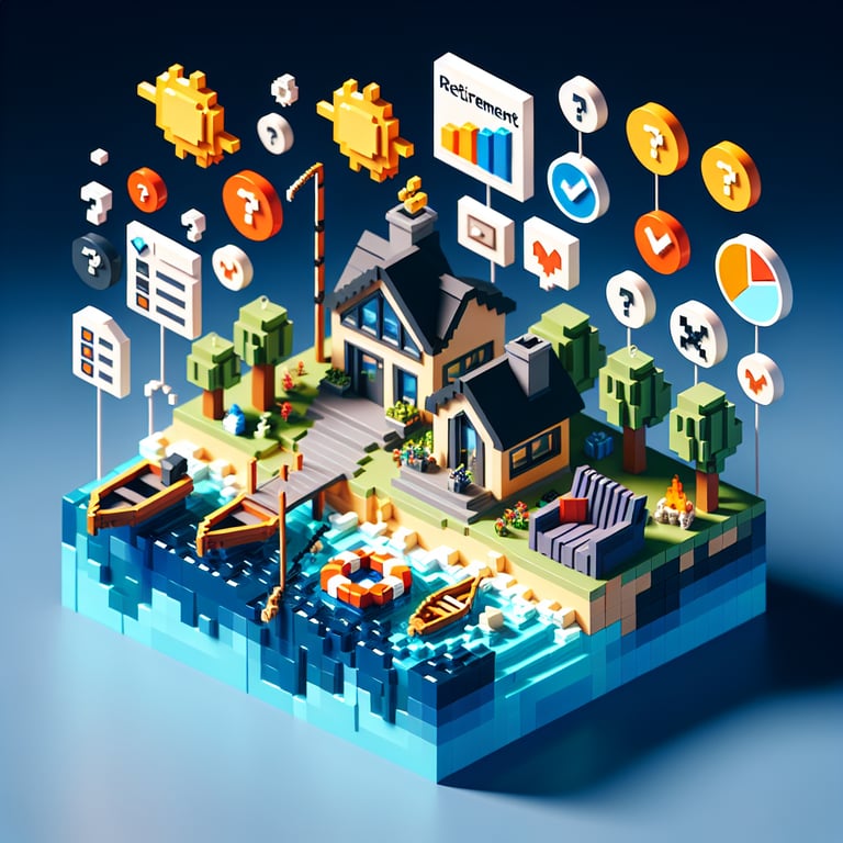 3D voxel art illustrating online retirement planning survey with dark blue background.
