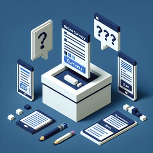 3D voxel art depicting the concept of online market research surveys on a dark blue background.