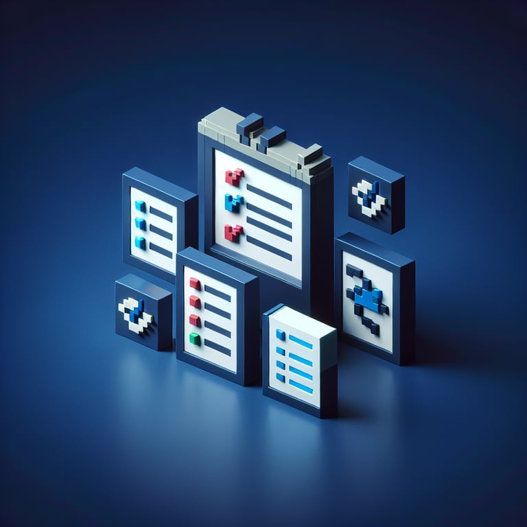 3D voxel art depicting online project management feedback survey concept on a dark blue background.
