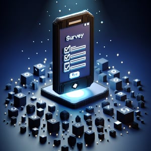 3D voxel art depicting the concept of mobile phone surveys on a dark blue background.
