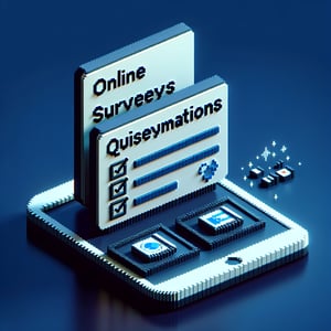 3D voxel art depicting online post-retreat survey process on a dark blue background.